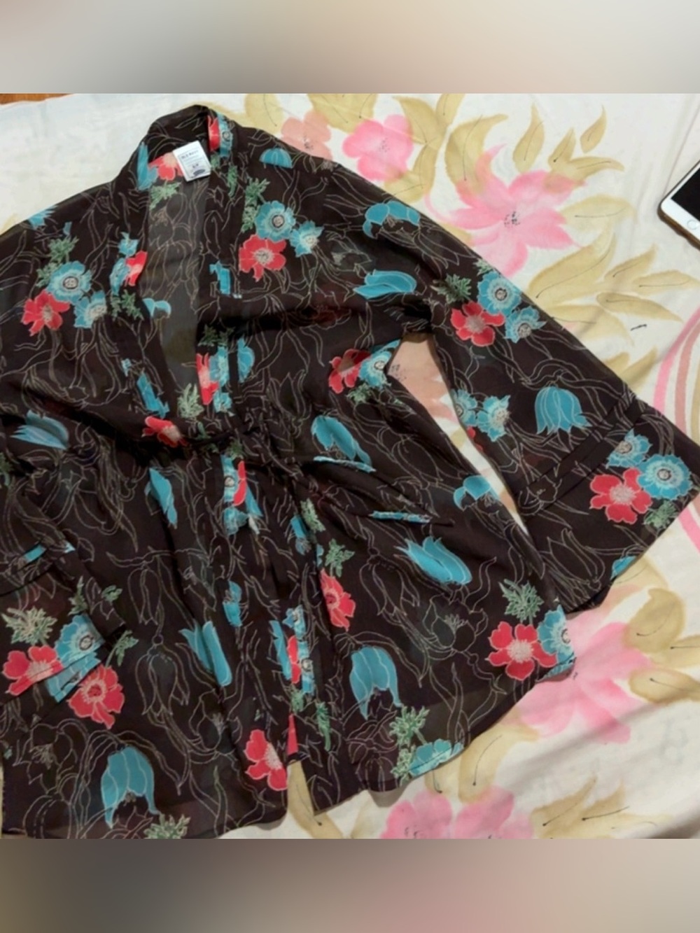 Old Navy Black Floral Wrap Kimono with Teal and Coral Accents